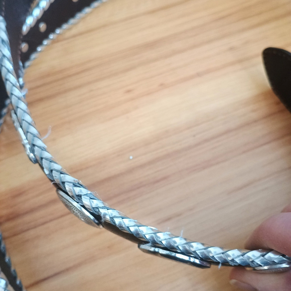 Western Brown Leather Scalloped Belt W/ Silver Conchos Braided Edge Mens 46 - Picture 6 of 10